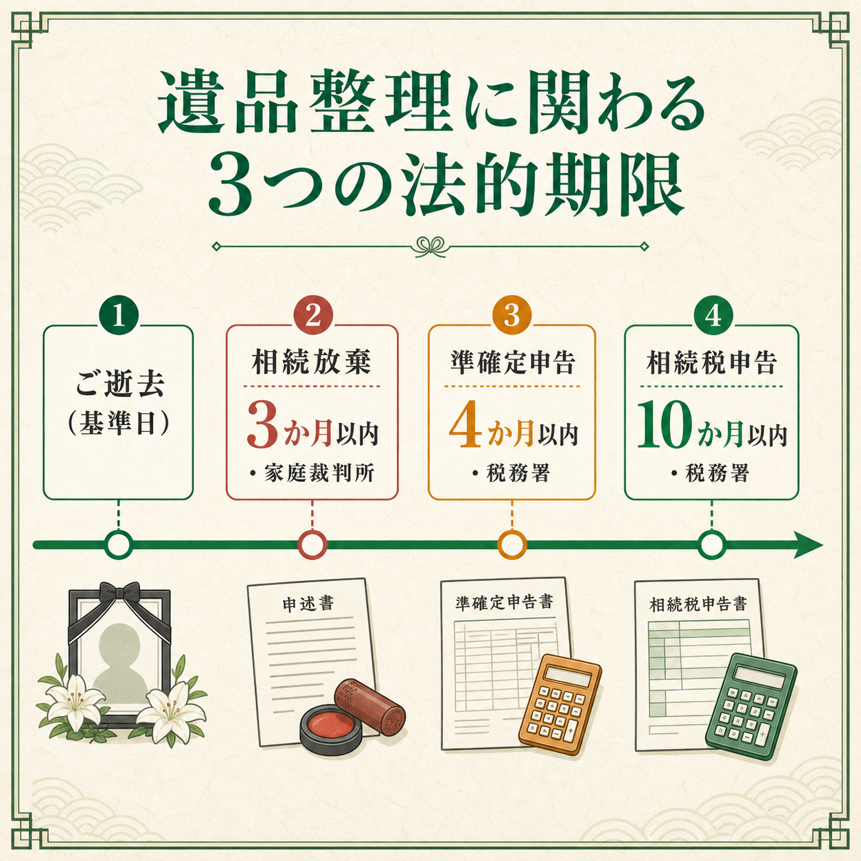 遺品整理に関わる3つの法的期限のタイムライン:相続放棄3か月以内、準確定申告4か月以内、相続税申告10か月以内