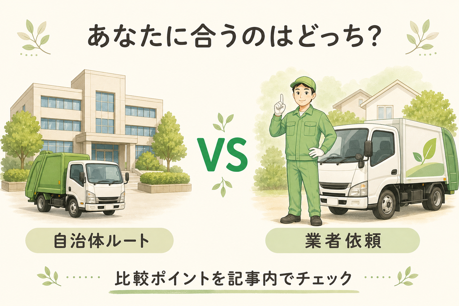 自治体ルートと業者依頼の比較イメージ:詳細は本文の比較表をご確認ください