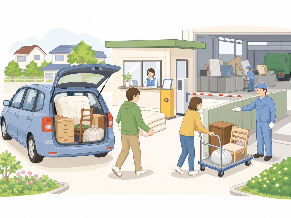 自家用車で処理施設へ大型ごみを持ち込む様子