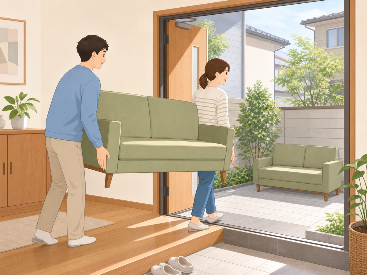 大型家具を部屋から屋外の指定場所まで運び出す様子