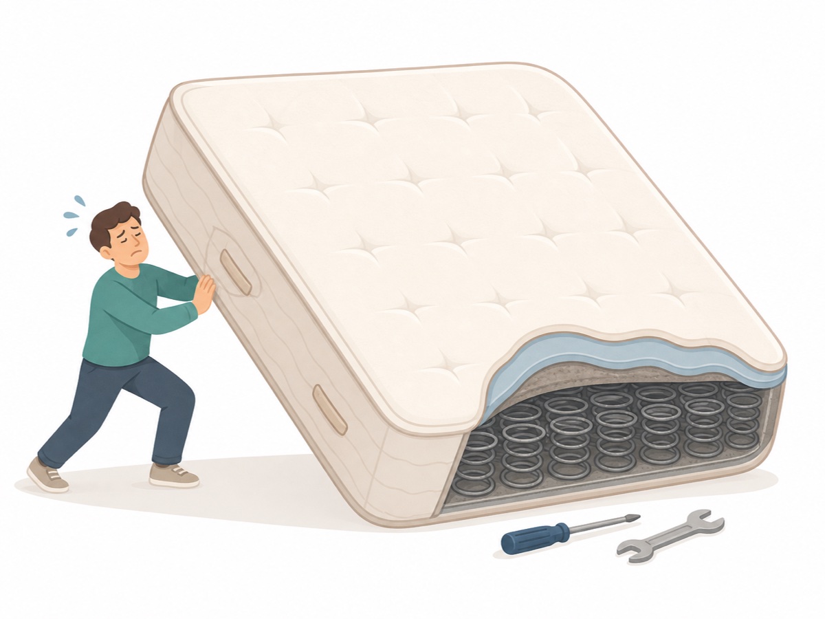 スプリングマットレスが金属コイルとサイズ・重量のために処分が難しい理由を示した図解