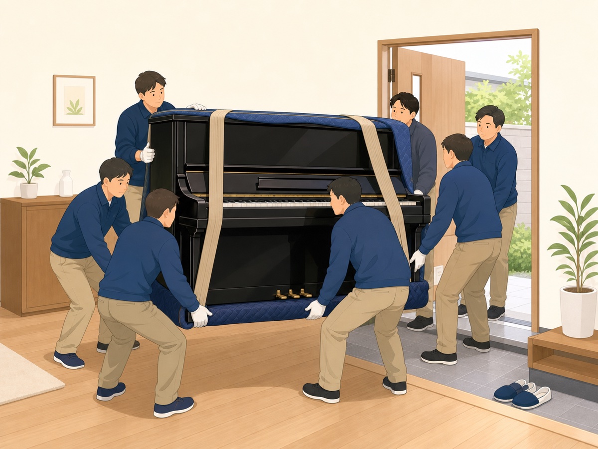 重いピアノをスタッフが慎重に運び出す様子