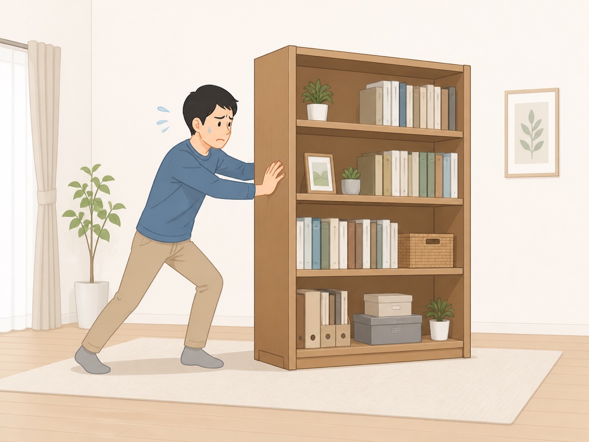 重い本棚を一人で運び出そうとして苦労する様子