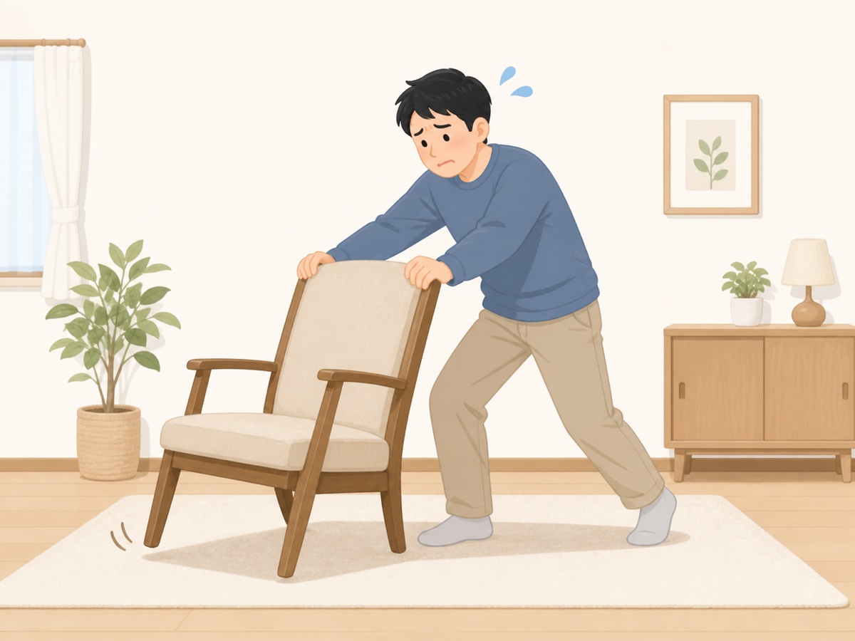 重い椅子を一人で運び出そうとして苦労する様子