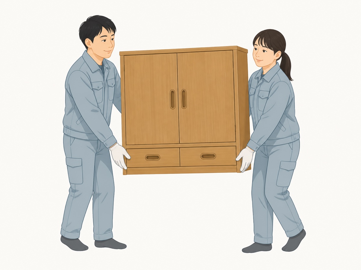 食器棚をプロのスタッフが運び出す様子