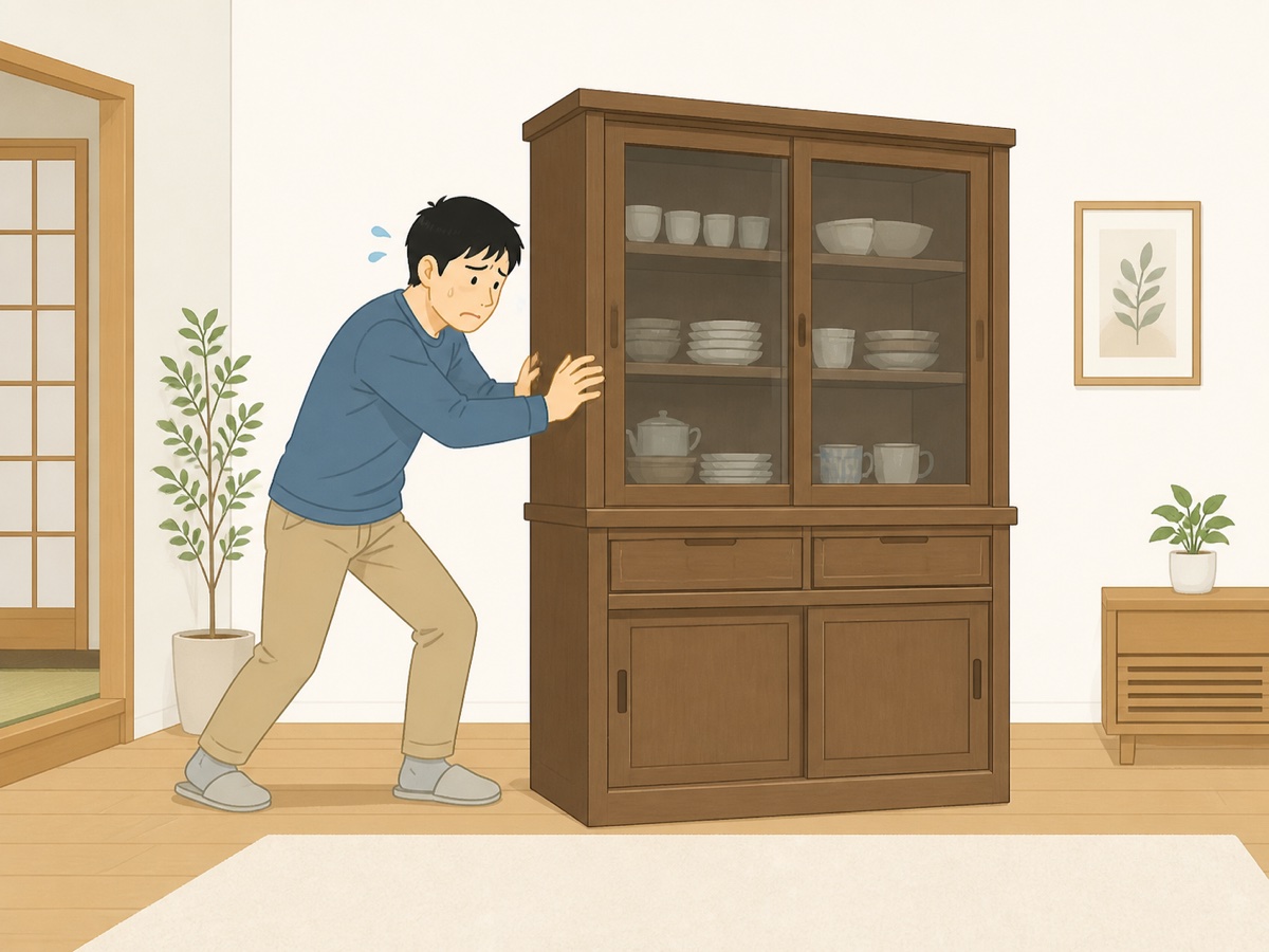 重い食器棚を一人で運び出そうとして苦労する様子