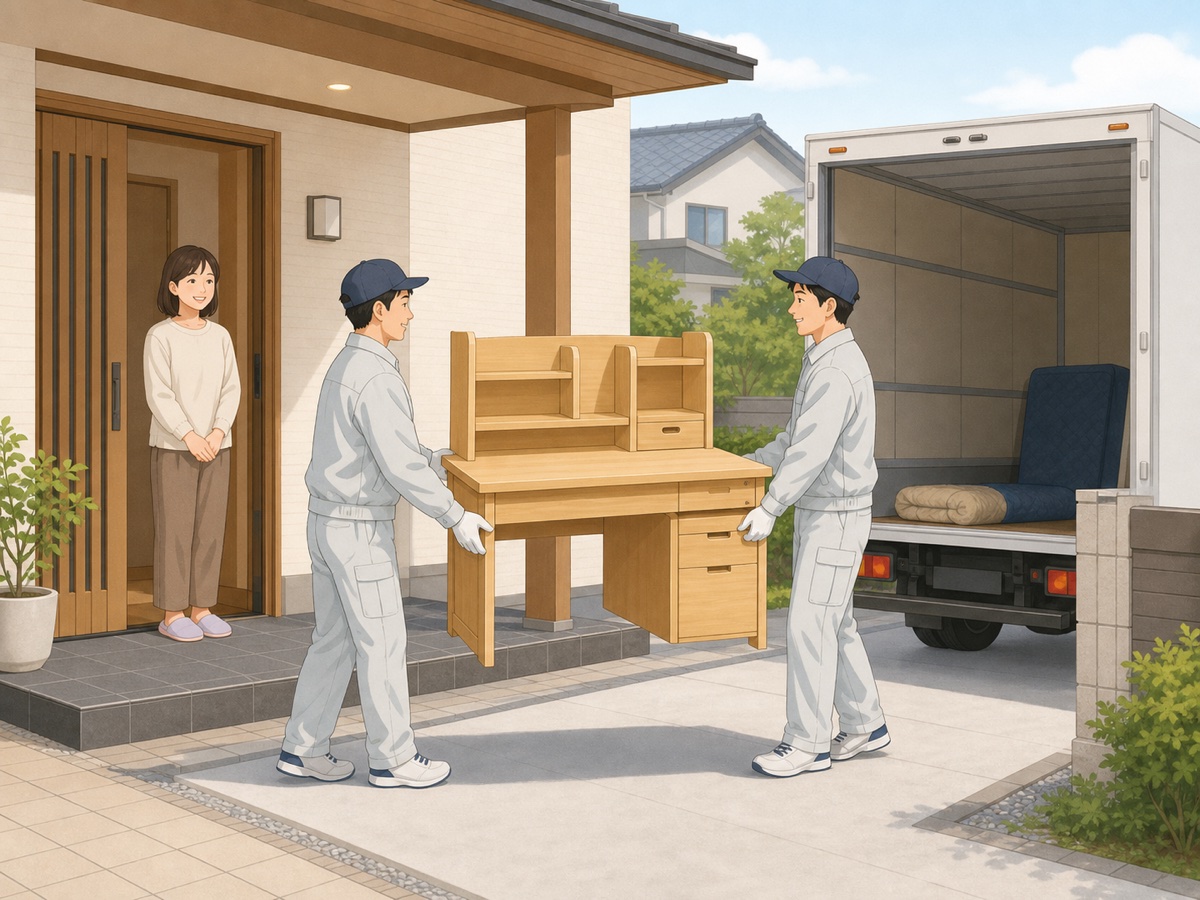 片付いた部屋と学習机・デスクを搬出するスタッフ