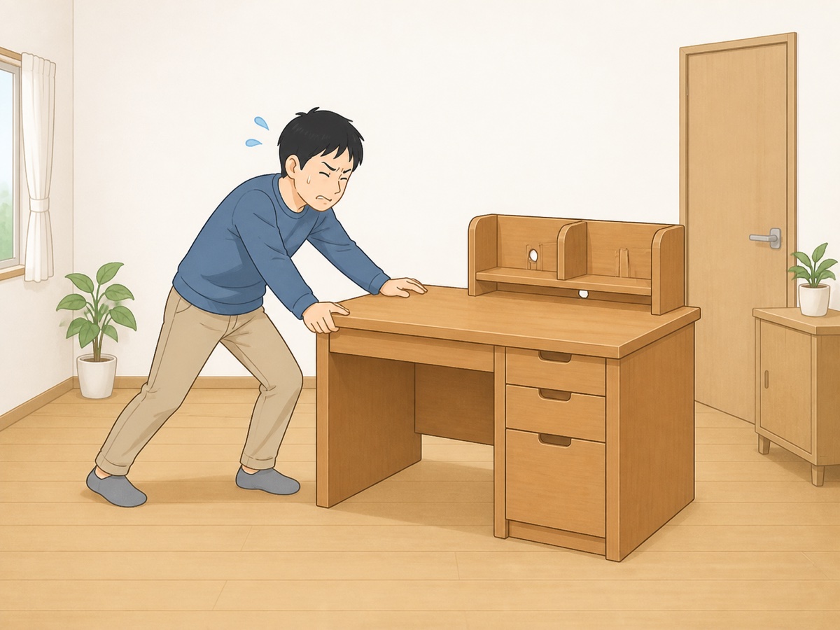 重い学習机・デスクを一人で運び出そうとして苦労する様子