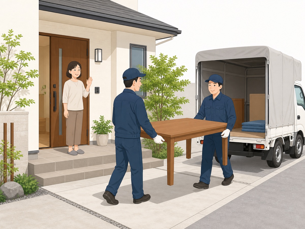 片付いた部屋とダイニングテーブルを搬出するスタッフ
