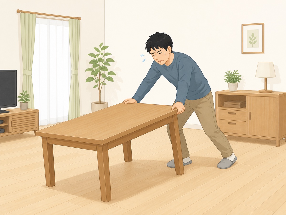 重いダイニングテーブルを一人で運び出そうとして苦労する様子