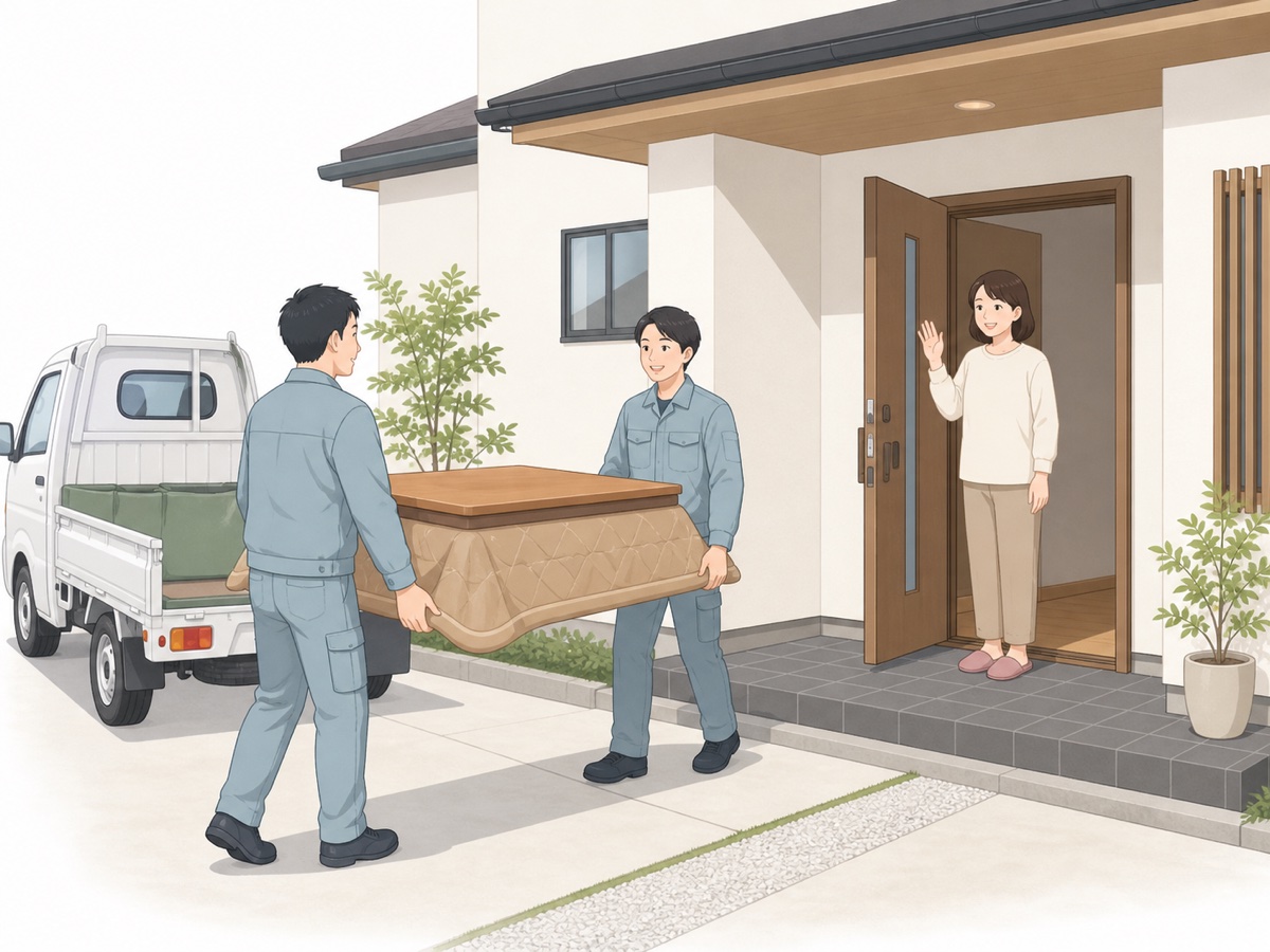 玄関先でこたつを搬出するスタッフと見送る住人