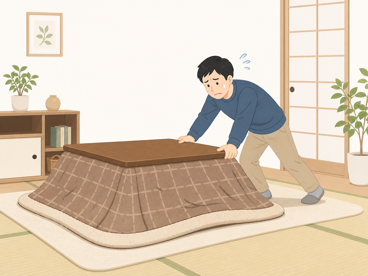 重いこたつを一人で運び出そうとして苦労する様子