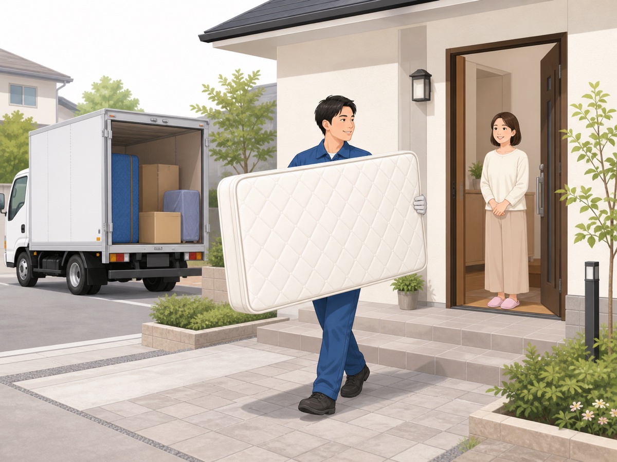 片付いた部屋とマットレスを搬出するスタッフ