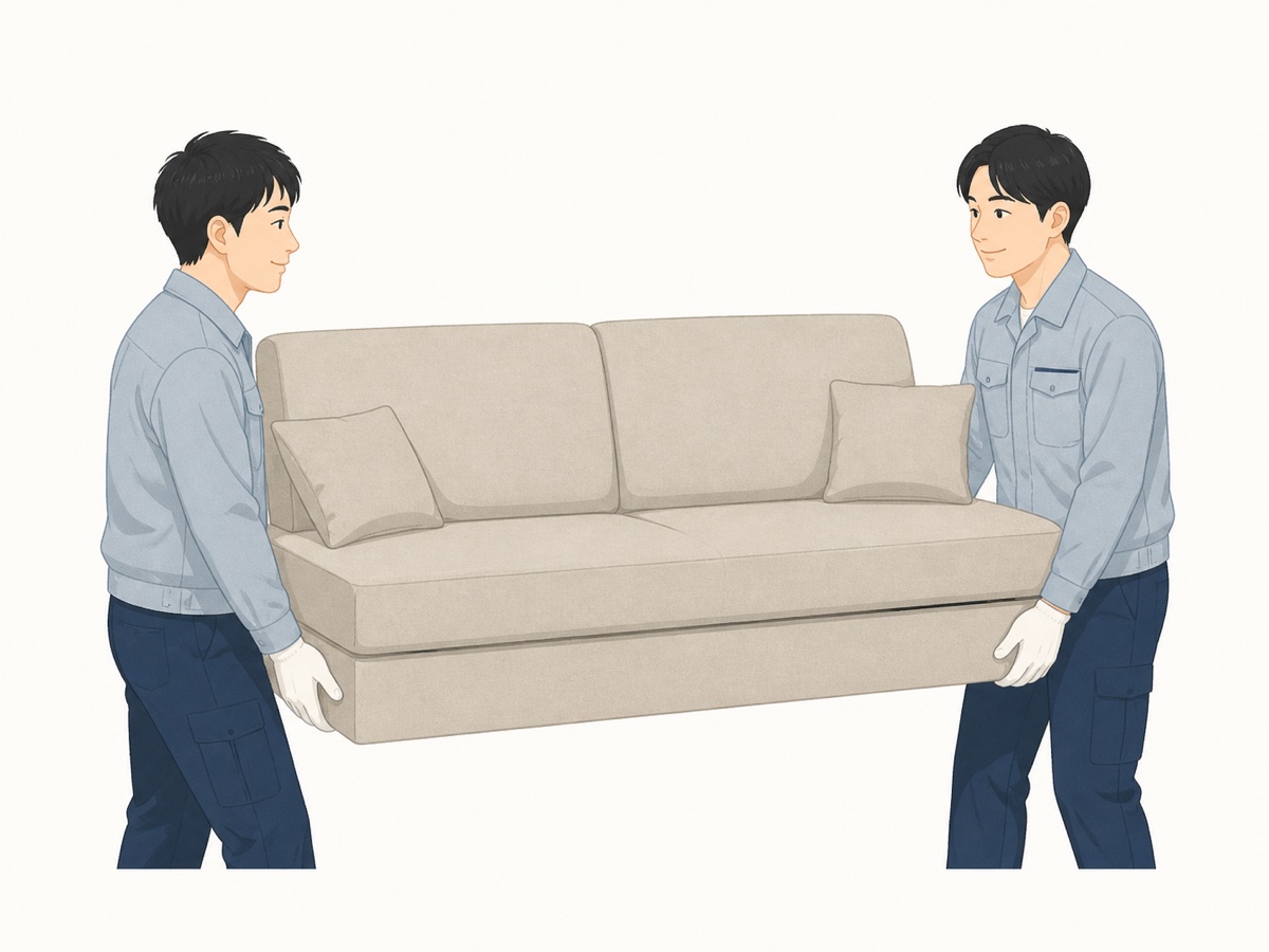 ソファーベッドをプロのスタッフが運び出す様子