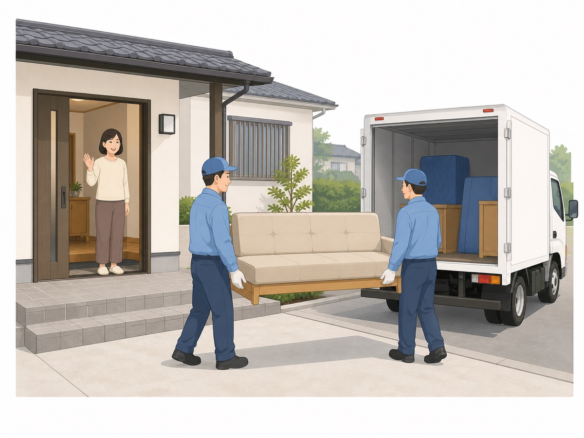 玄関先でソファーベッドを搬出するスタッフと見送る住人