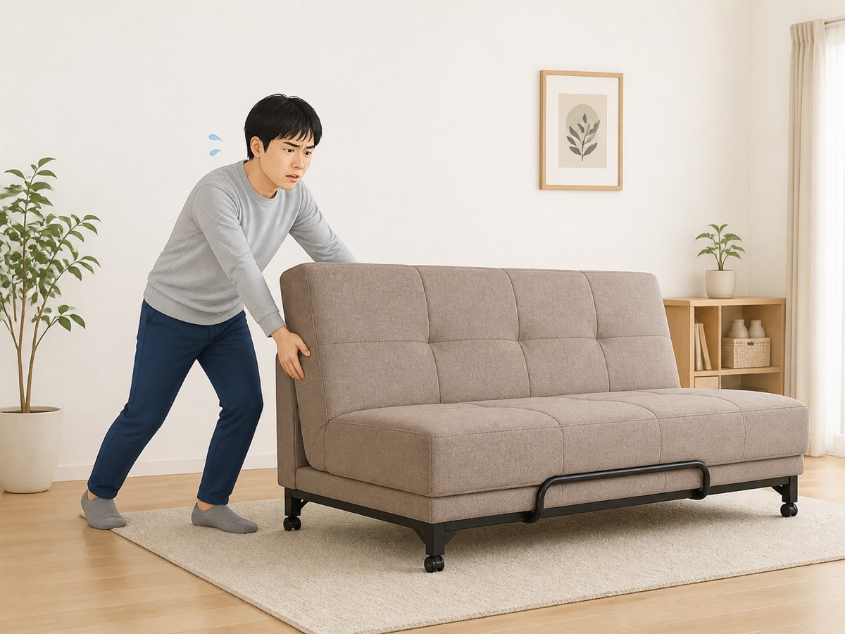 重いソファーベッドを一人で運び出そうとして苦労する様子