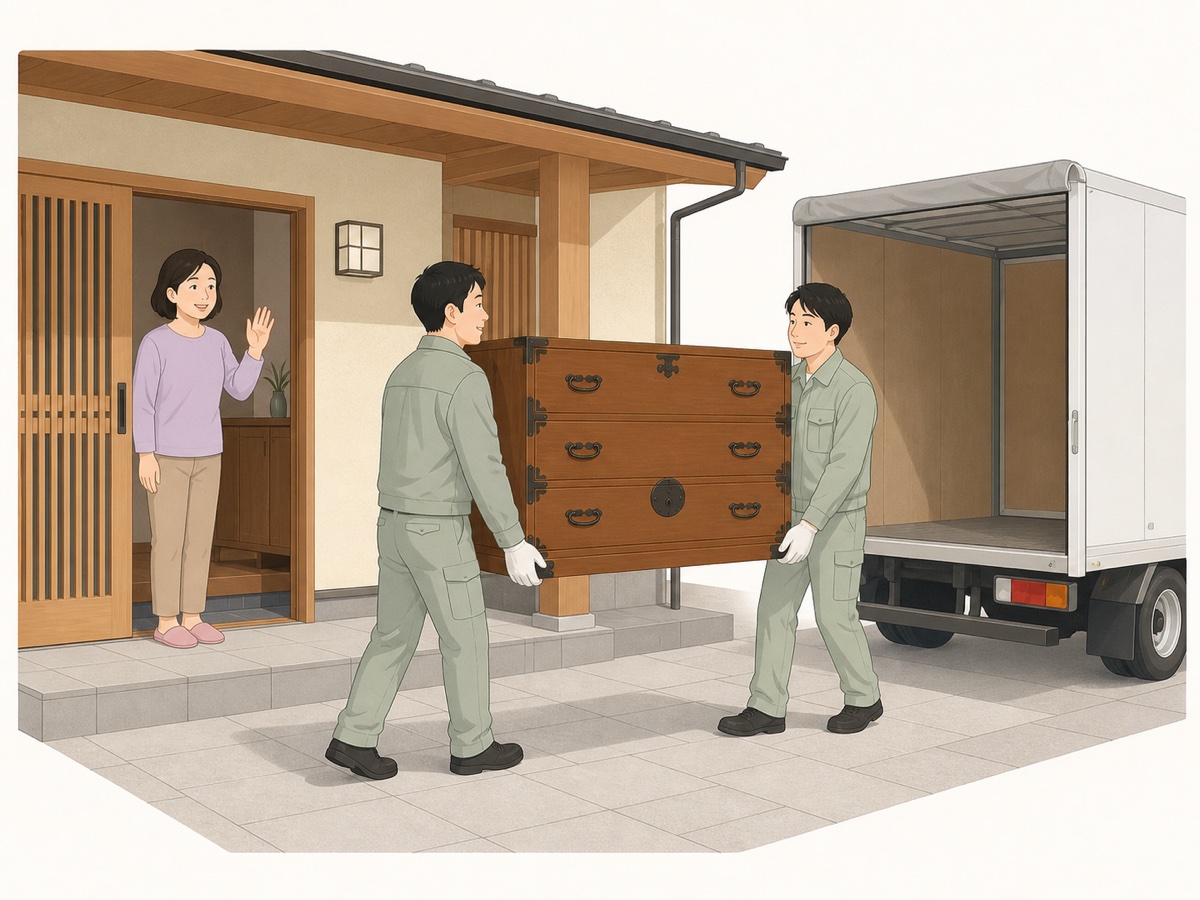 片付いた部屋とタンスを搬出するスタッフ