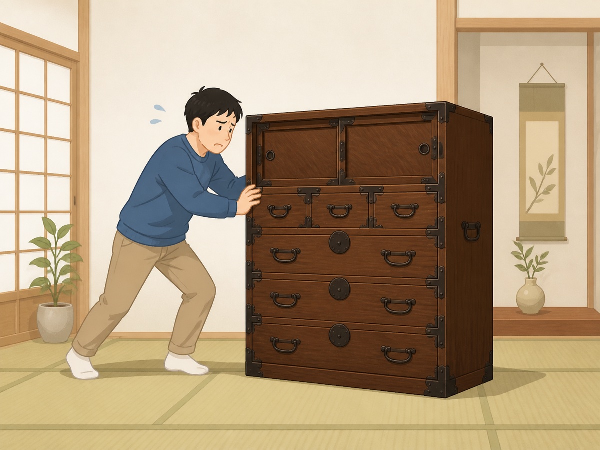 重いタンスを一人で運び出そうとして苦労する様子