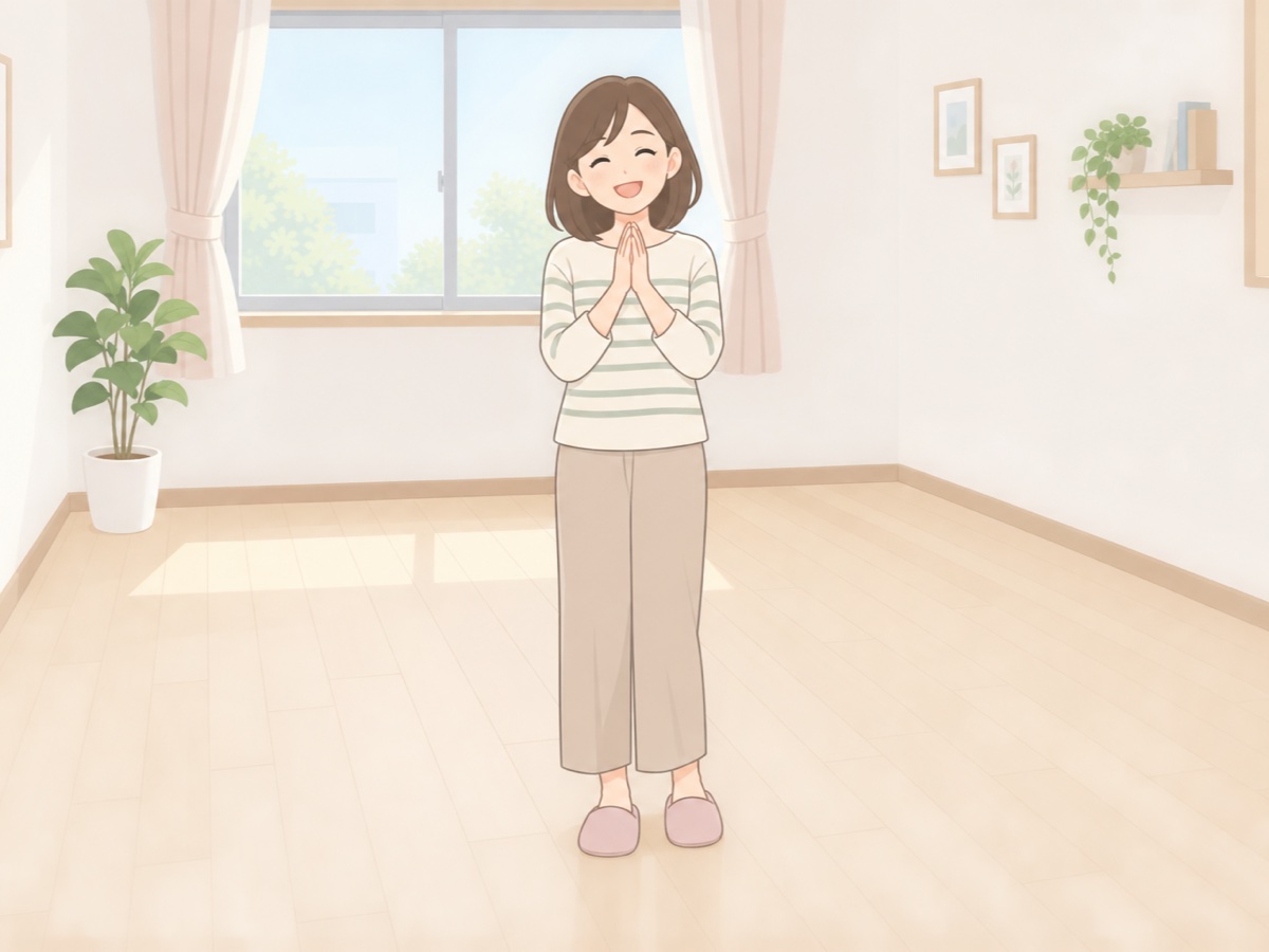 ベッドを処分して片付いた部屋で安心する様子