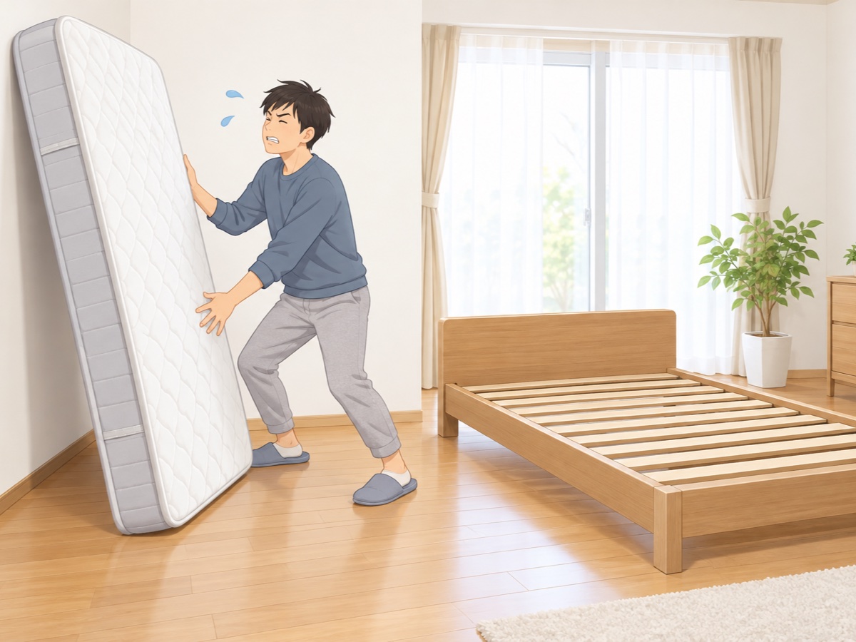 重いベッド・マットレスを一人で運び出そうとして困る様子