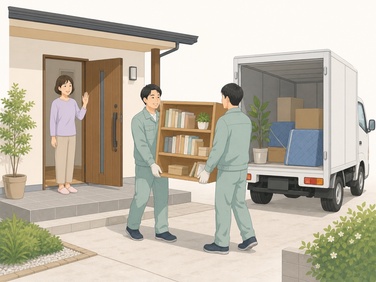 玄関先で本棚を搬出するスタッフと住人
