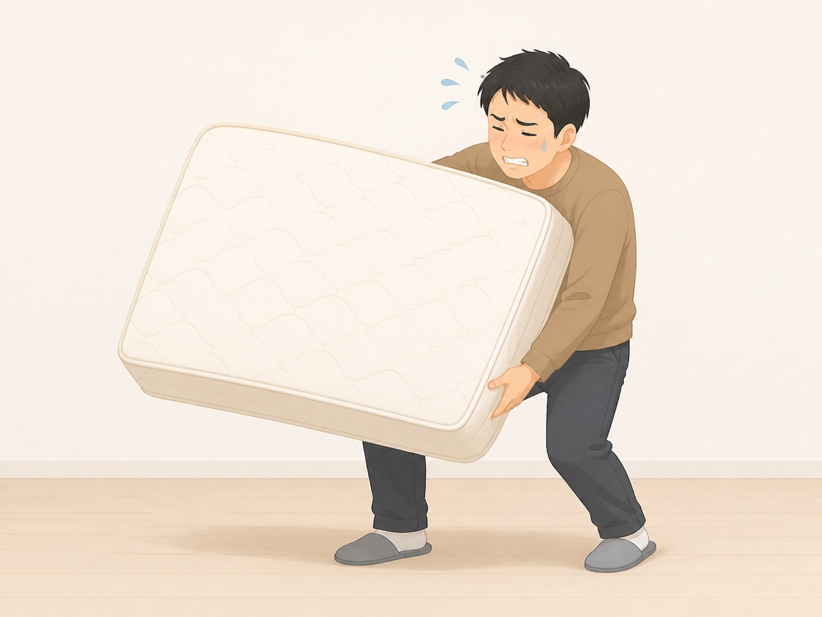 重いマットレスを運び出そうとして困る様子
