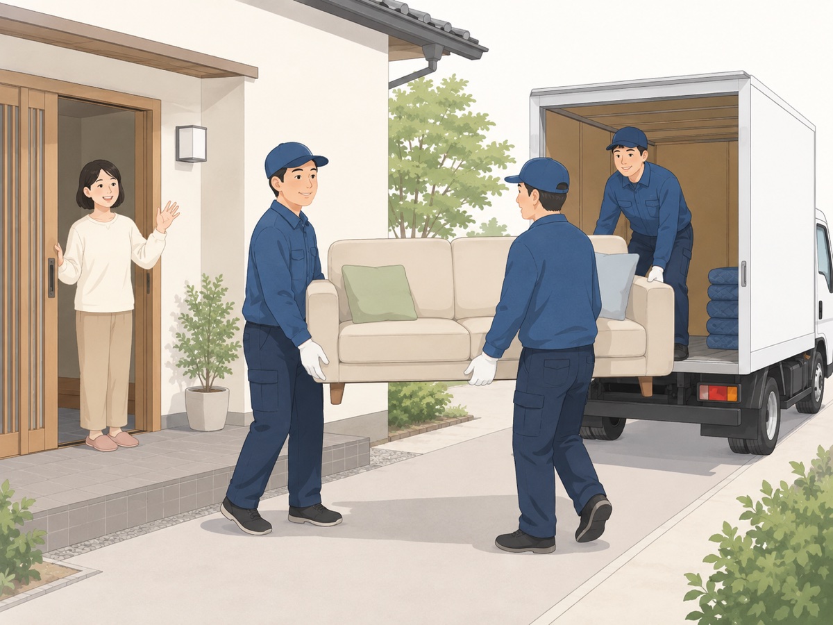 玄関先でソファを搬出するスタッフと住人