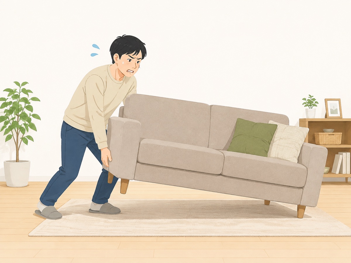 重いソファを運び出そうとして困る様子