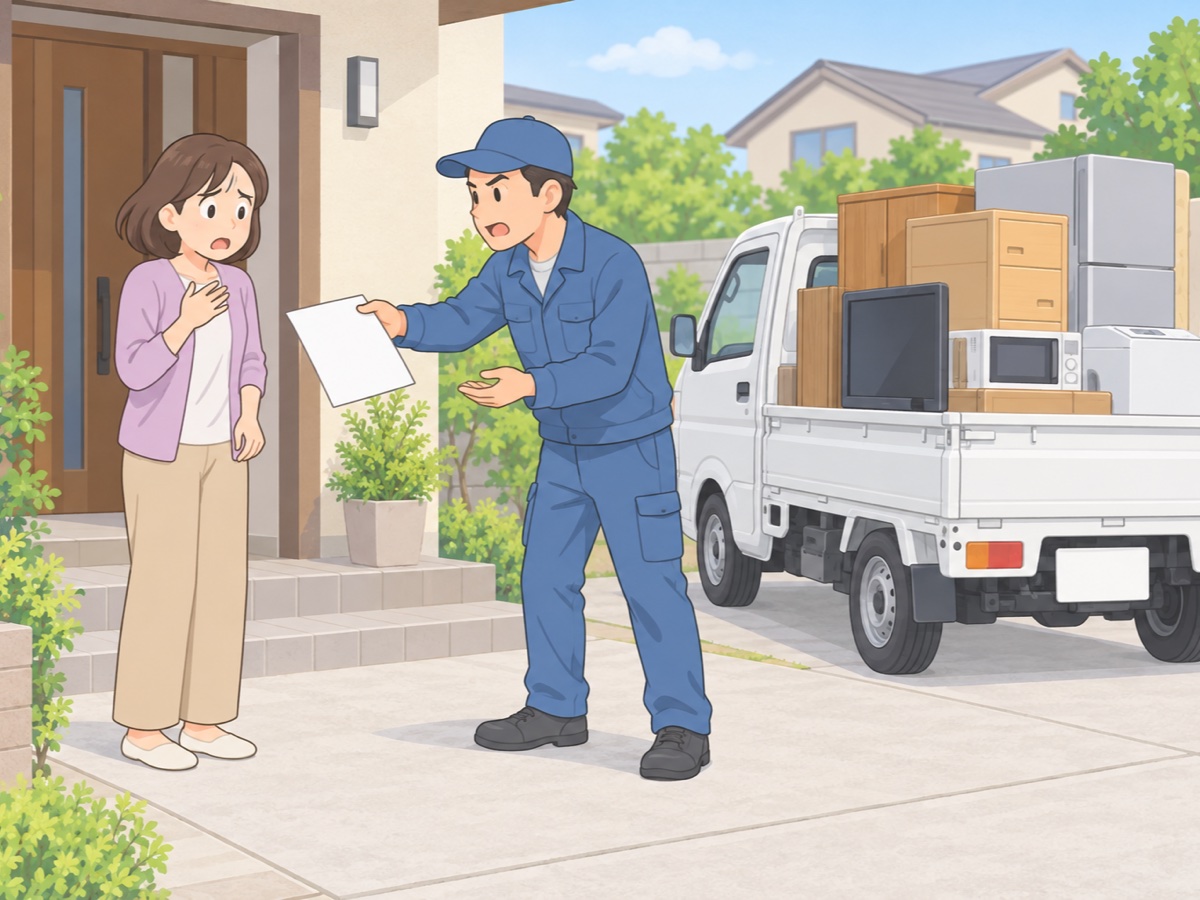不用品の回収後に高額な請求書を示されて困惑する女性