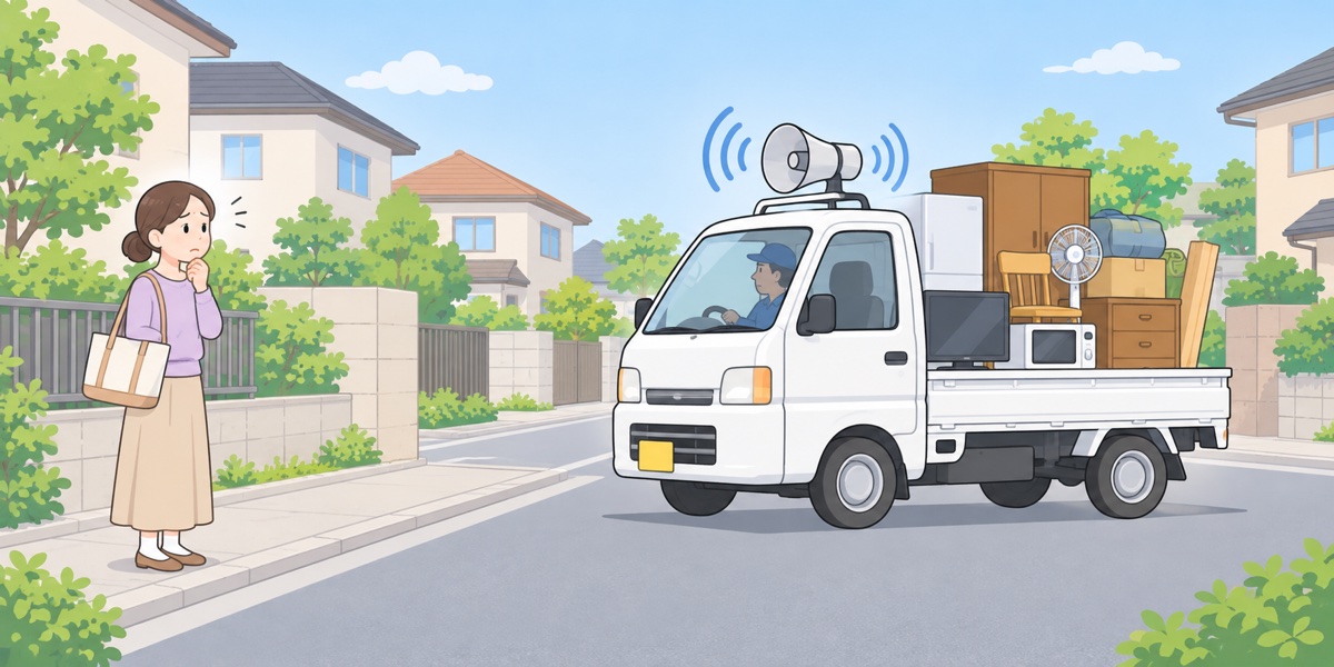 拡声器を鳴らしながら住宅街を巡回する不用品回収トラックを不安そうに見る住民